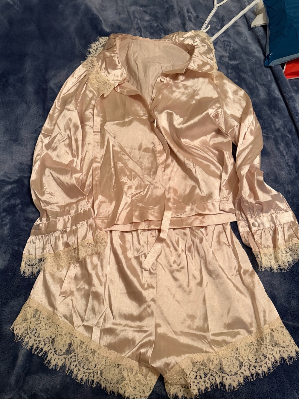 Silky Lace Trim Pajama Set in Blush
